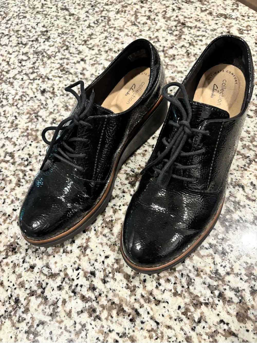 Clarks Black Patent Leather Lace-Up Flats